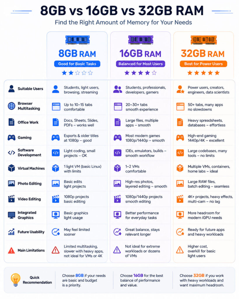 8GB 16GB and 32GB RAM comparison showing suitable tasks limitations multitasking creative work and professional use