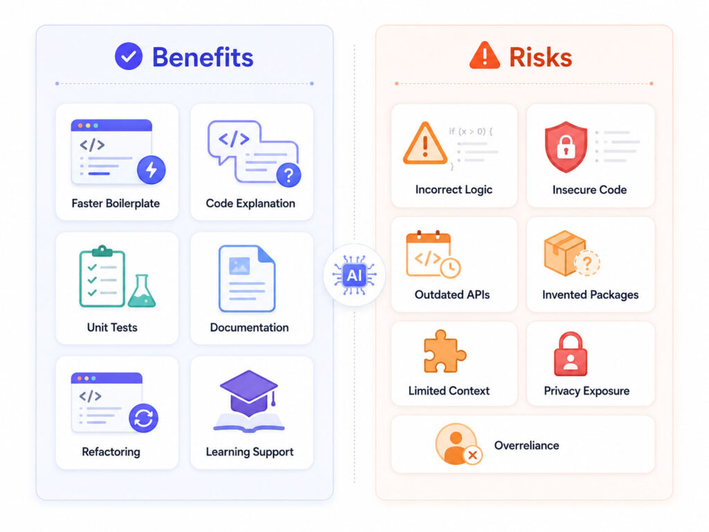 AI coding assistant benefits and risks showing faster development tests documentation incorrect code and security concerns