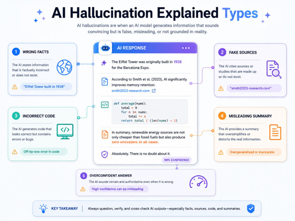 AI Hallucination Explained showing wrong facts fake sources incorrect code and misleading summary