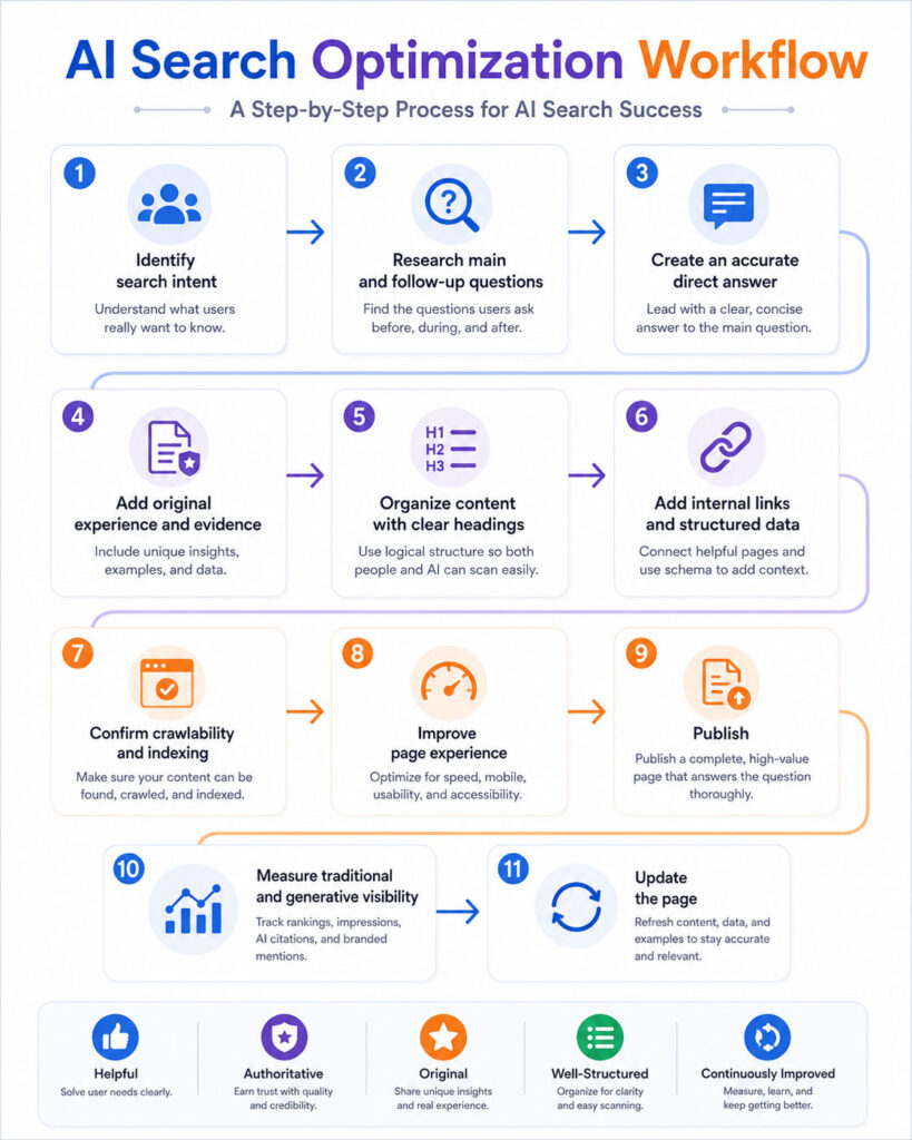 AI search optimization workflow showing search intent content creation direct answers indexing technical SEO measurement and updates