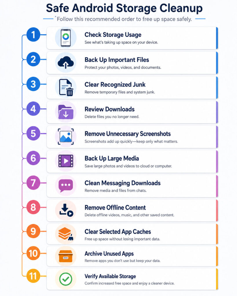 Android storage usage and safe cleanup showing apps photos videos downloads cache and protected important files