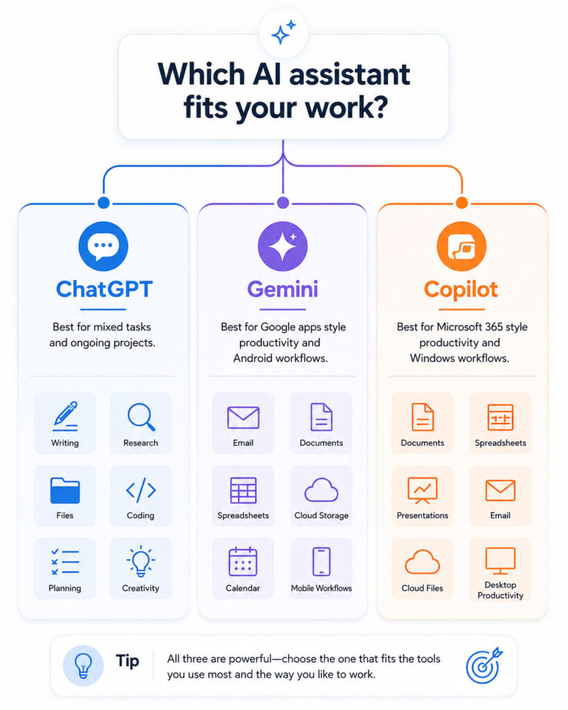 Best AI assistant decision guide showing ChatGPT for flexible work Gemini for Google and Copilot for Microsoft