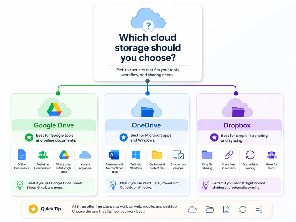 Best cloud storage choice guide showing Google Drive OneDrive Dropbox and file backup needs