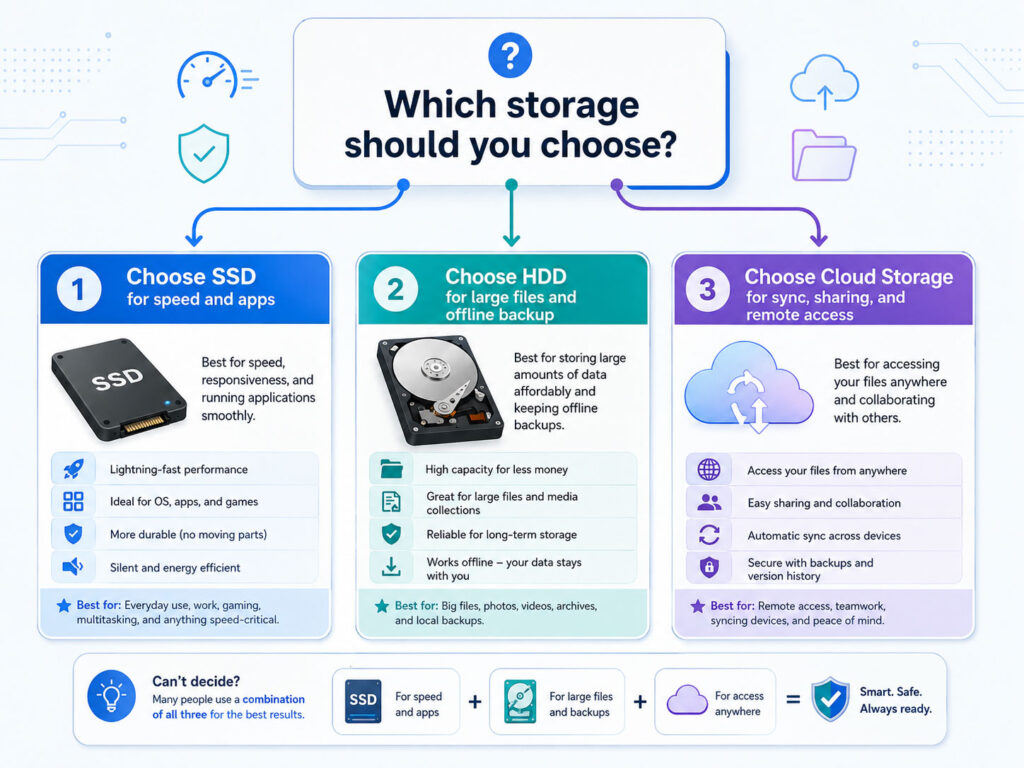 Best storage option guide showing SSD for speed HDD for capacity and cloud storage for backup