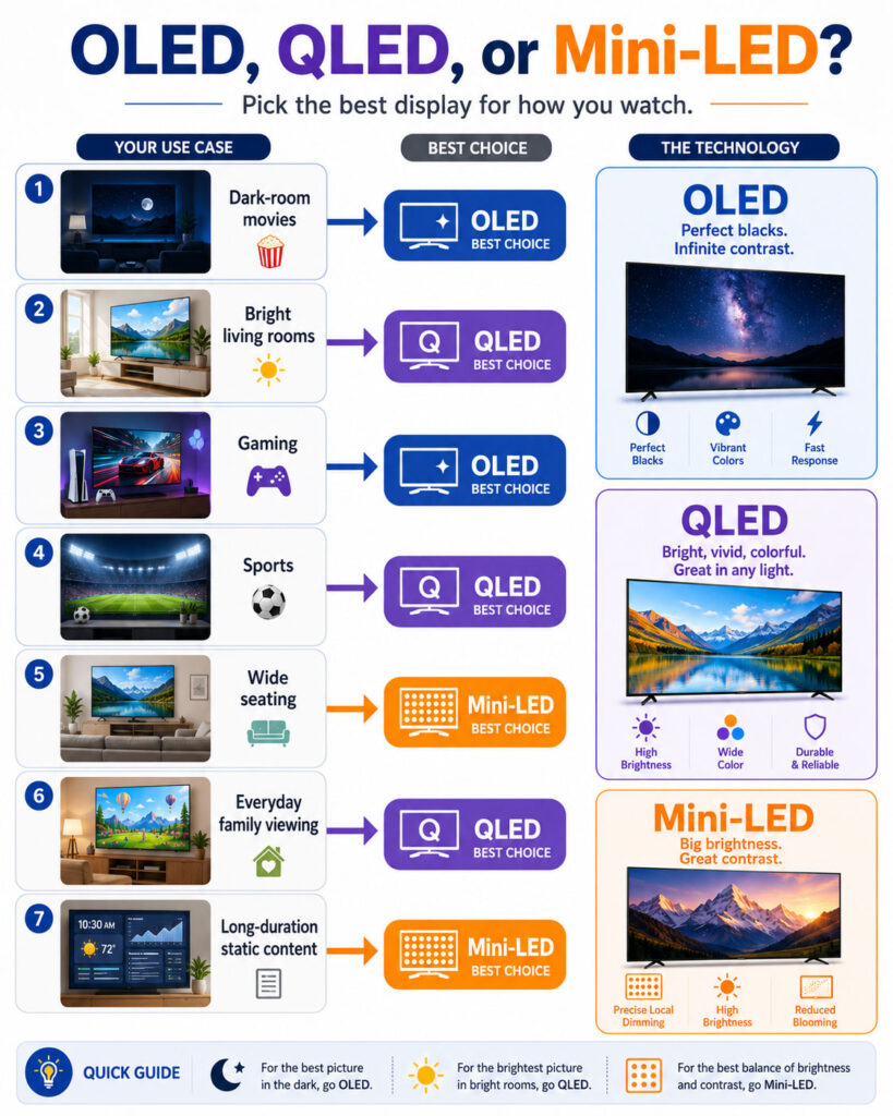 Best OLED, QLED, or Mini-LED TV choice for different rooms and viewing needs