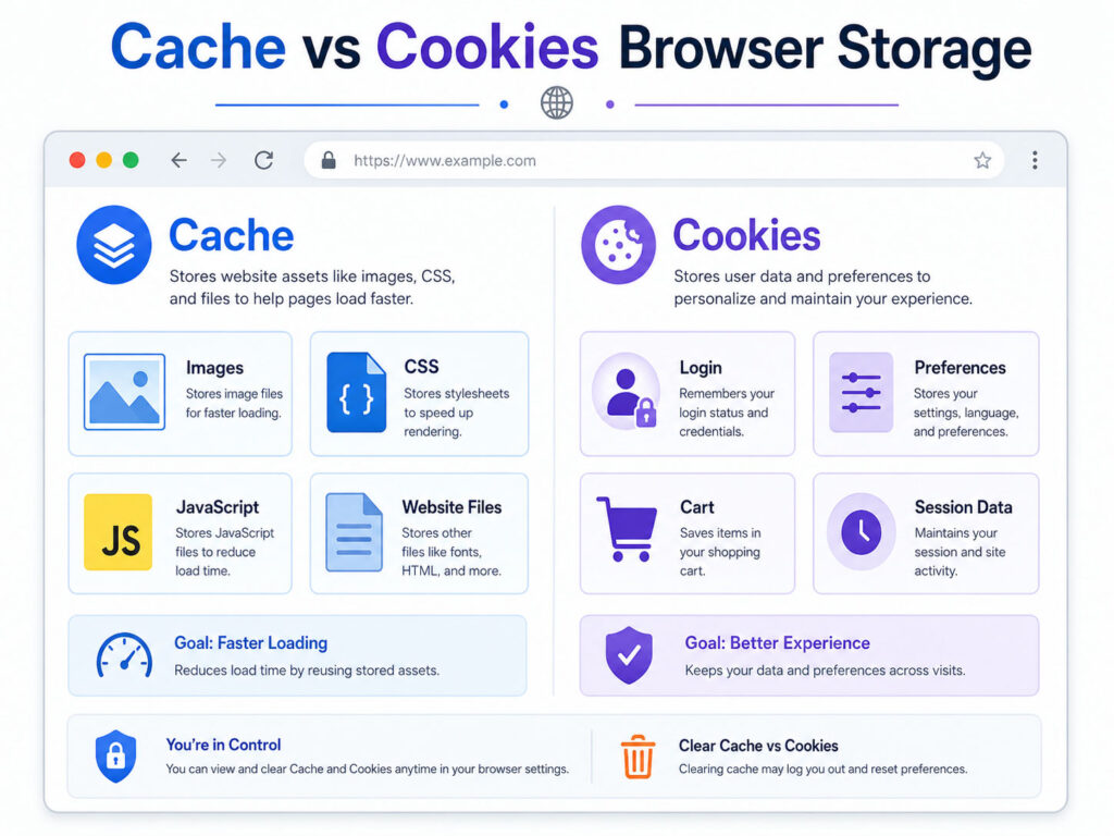 Cache vs cookies browser storage showing website files and user information
