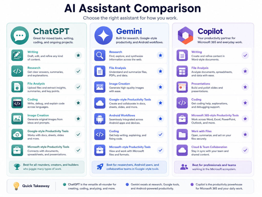 ChatGPT vs Gemini vs Copilot comparison showing writing research files coding and office integrations
