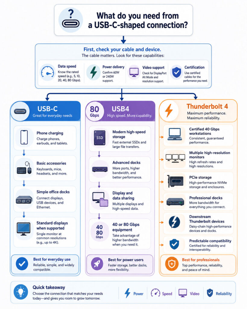 Decision guide for choosing USB-C USB4 or Thunderbolt 4 based on charging storage displays docks speed and professional use