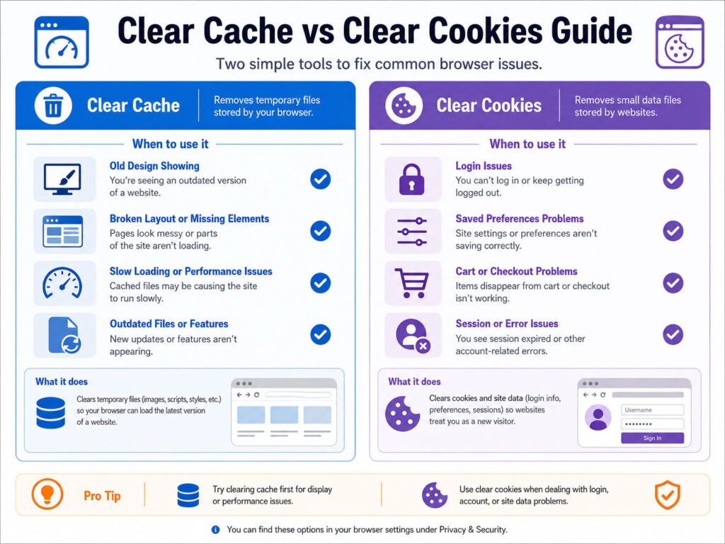 Clear cache vs clear cookies guide showing browser issues login problems and website loading fixes