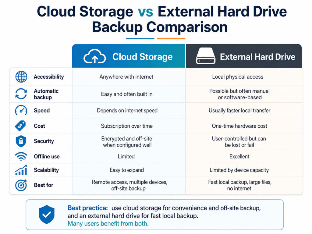 Cloud Storage vs External Hard Drive comparison showing online backup and offline file storage