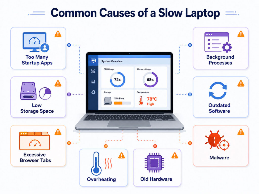 Common causes of a slow laptop showing startup apps low storage browser tabs background processes and overheating