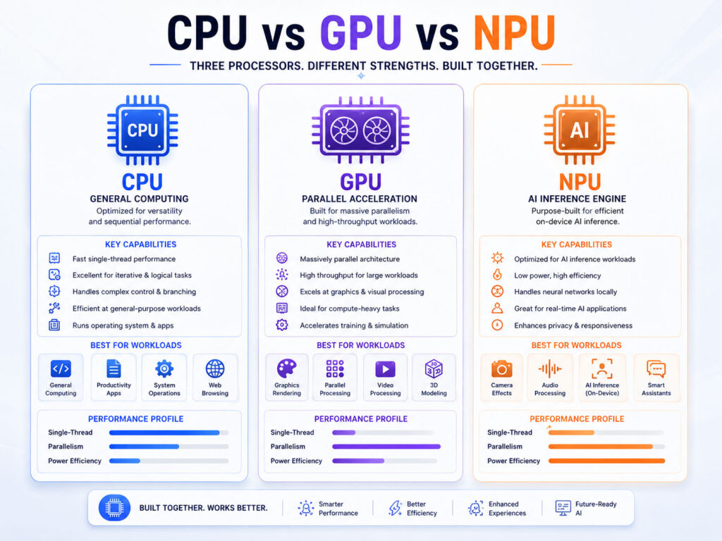 CPU GPU NPU comparison showing general computing graphics parallel processing and efficient AI workloads