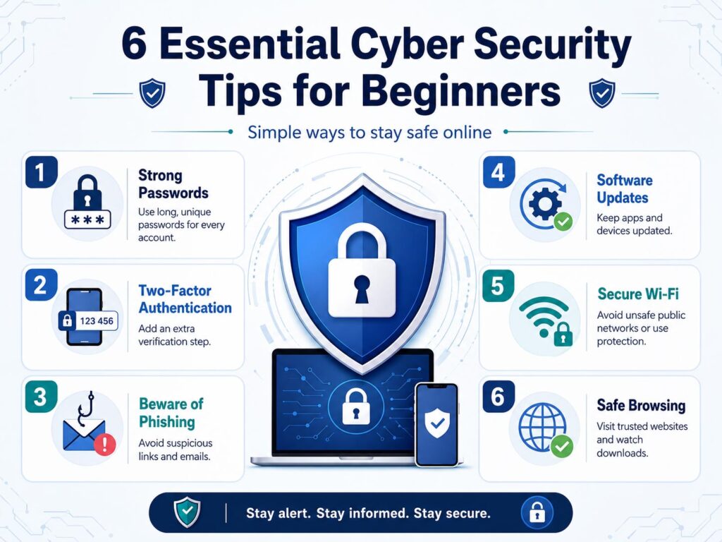 Cyber Security Tips for Beginners checklist showing passwords phishing updates Wi-Fi and backup safety