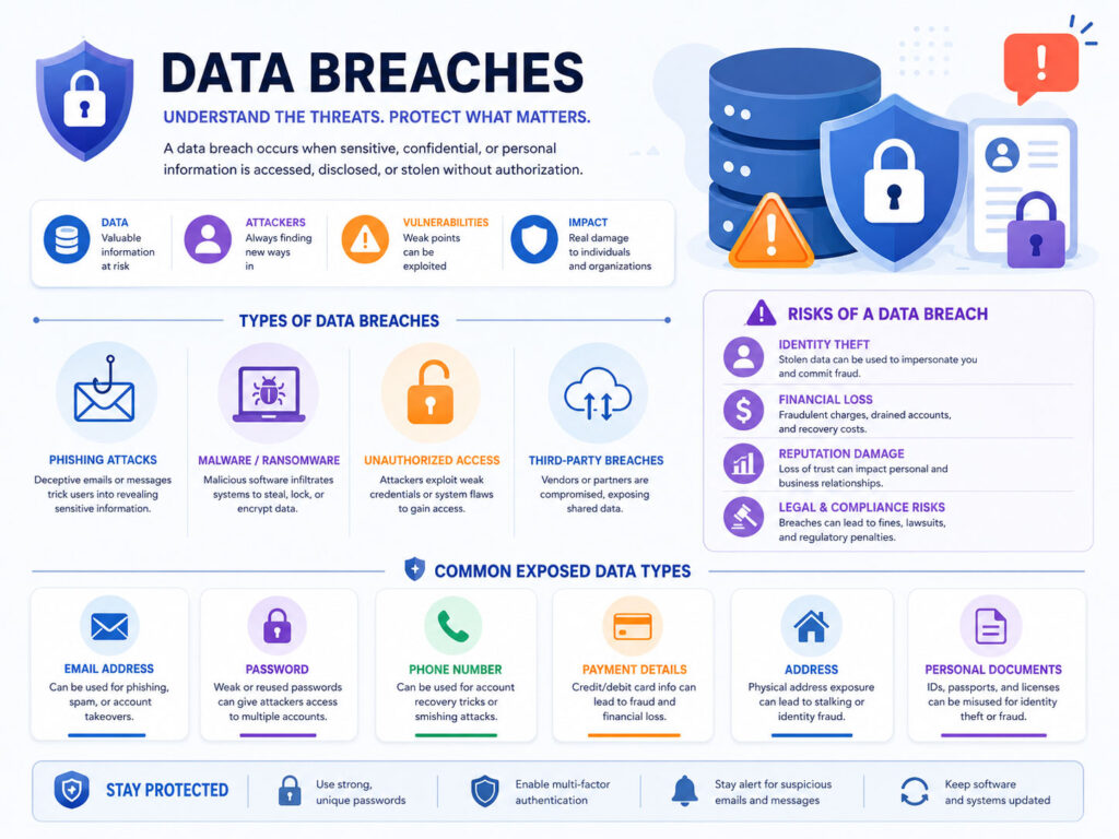 Data Breach types and risks showing exposed email password phone number payment details and personal data