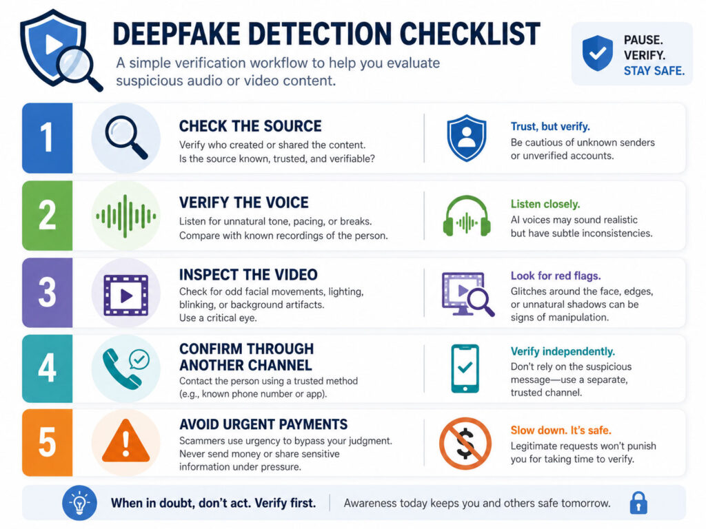 Deepfake detection checklist showing voice verification video source check and AI fake content warning signs