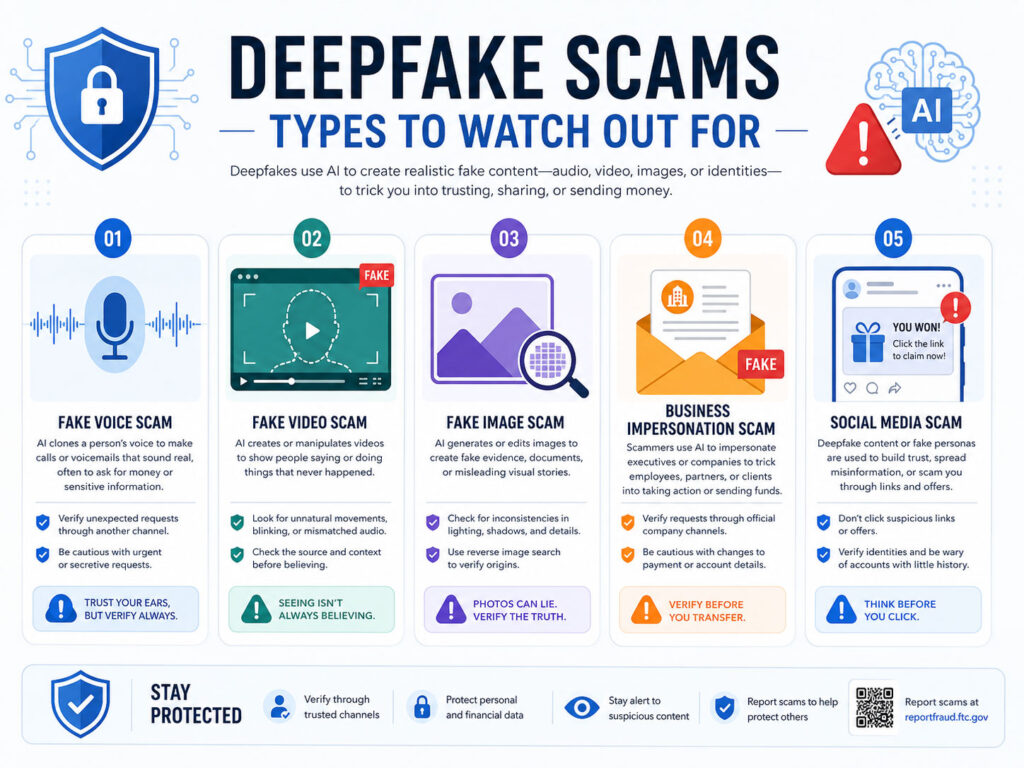Deepfake Scams showing fake AI voice video image and online fraud risks