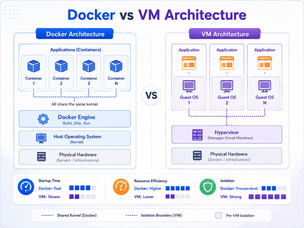 Docker vs VM architecture showing shared host kernel containers hypervisor and separate guest operating systems