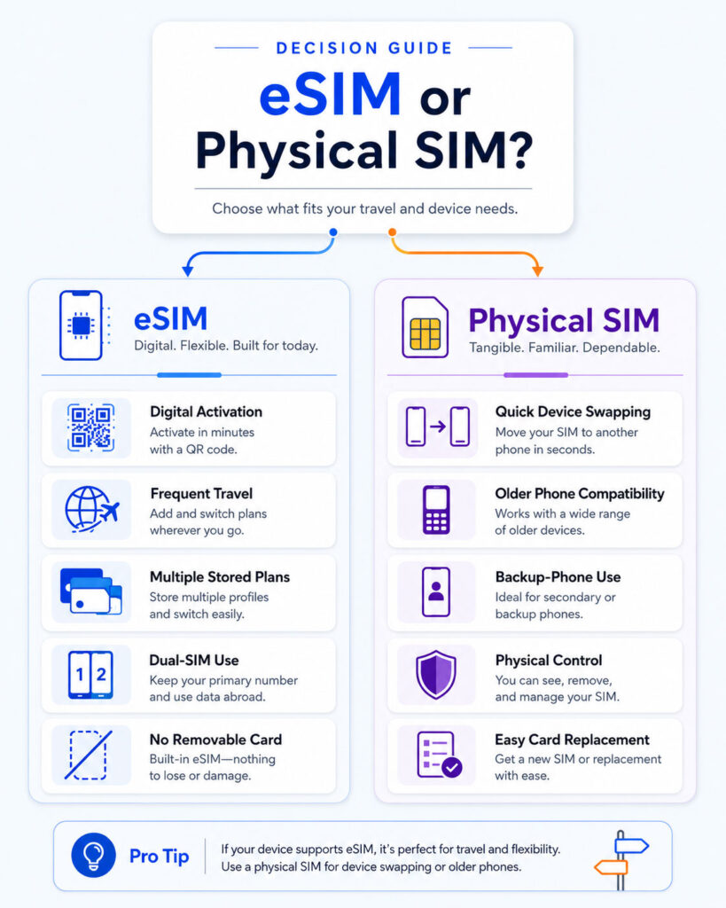eSIM or physical SIM decision guide showing eSIM for digital travel use and physical SIM for easy phone switching