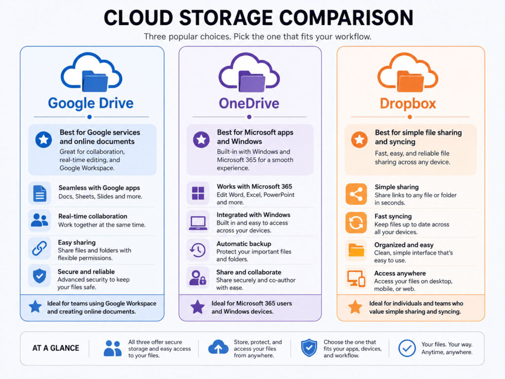 Google Drive vs OneDrive vs Dropbox comparison showing cloud storage file sync sharing and backup
