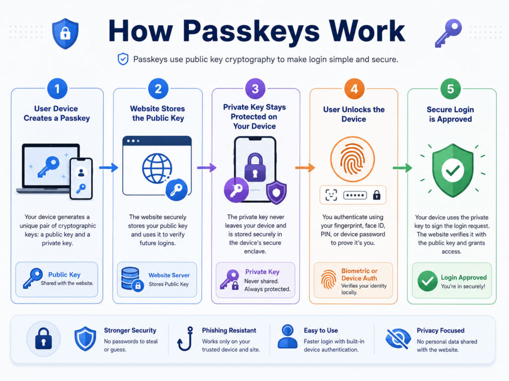 How passkeys work showing public key private key device unlock and secure login