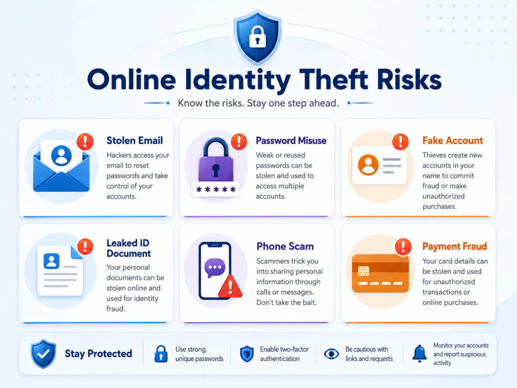 Identity Theft Online risks showing stolen personal data fake accounts password misuse and payment fraud