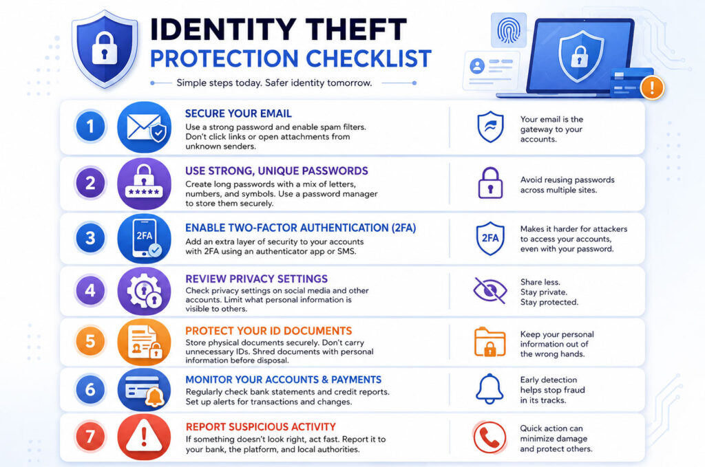 Identity Theft protection checklist showing secure email strong passwords 2FA privacy settings and document safety