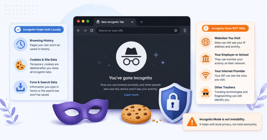 Incognito Mode Explained showing private browsing history cookies and local browser privacy