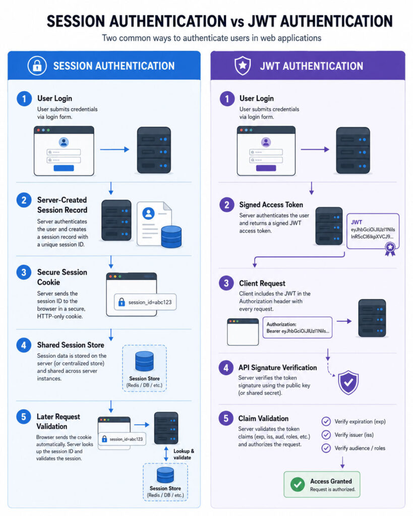 JWT vs session authentication request and validation flow comparison