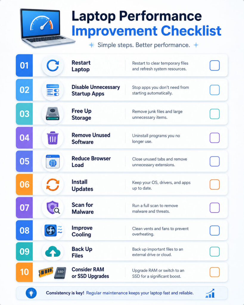 Laptop performance improvement checklist showing restart storage cleanup updates malware scan cooling RAM and SSD upgrades