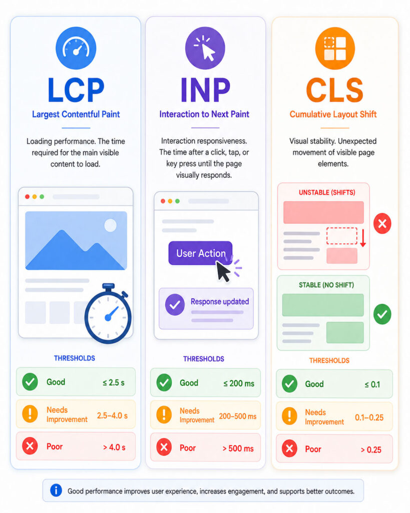 LCP INP CLS comparison showing loading performance interaction responsiveness and visual stability thresholds