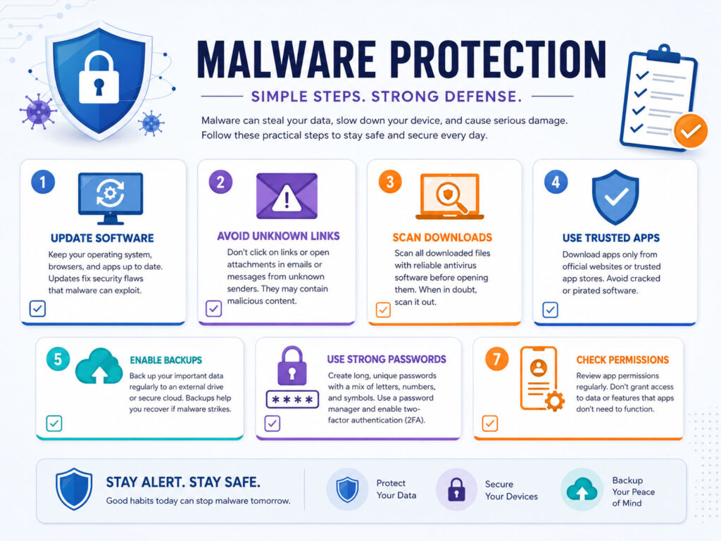 Malware protection checklist showing safe downloads updates backups antivirus and password security