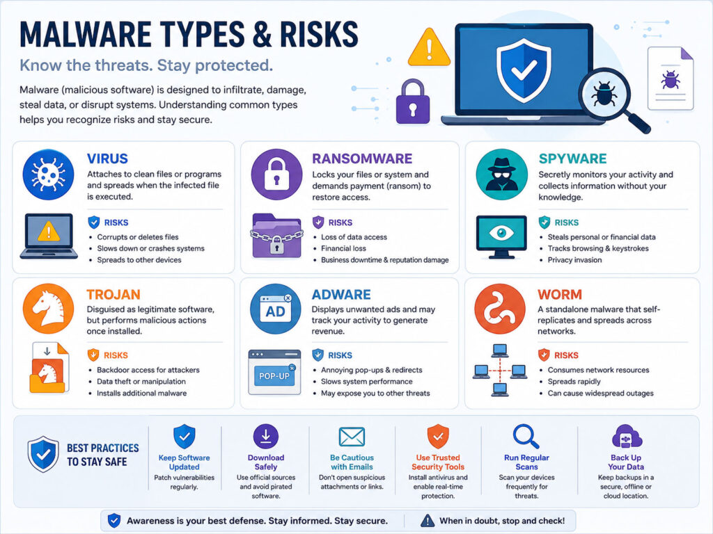 Malware types and risks showing virus ransomware spyware trojan and device security warning