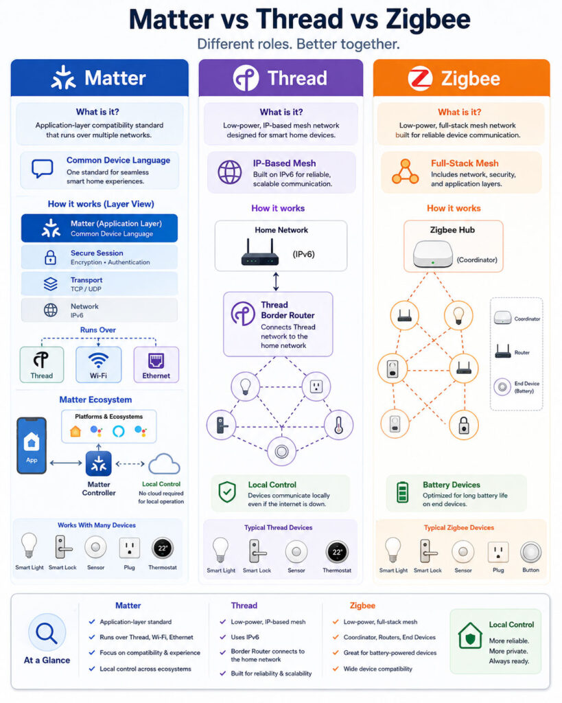 Matter vs Thread vs Zigbee smart home architecture comparison