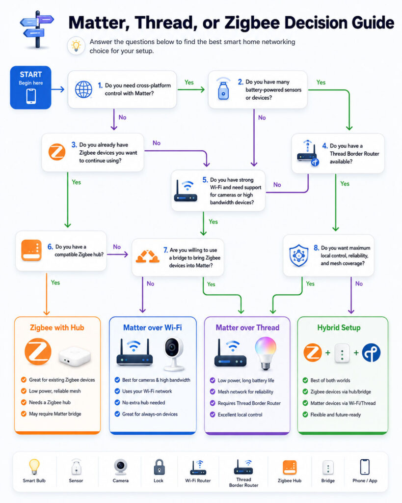 Decision guide for choosing Matter, Thread, or Zigbee smart home devices