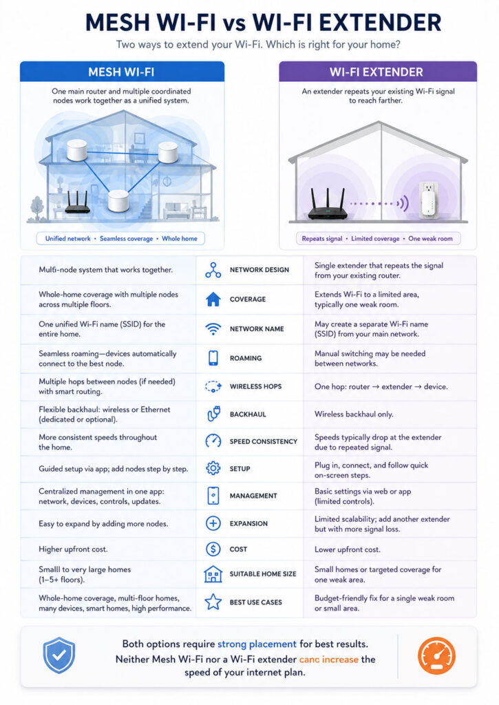 Mesh Wi-Fi vs range extender comparison showing coverage network name roaming backhaul performance setup expansion and cost