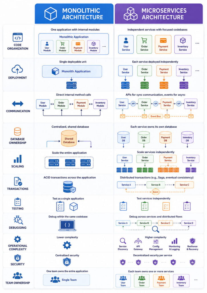 Monolith vs microservices comparison showing code organisation deployment databases scaling testing operations and team ownership