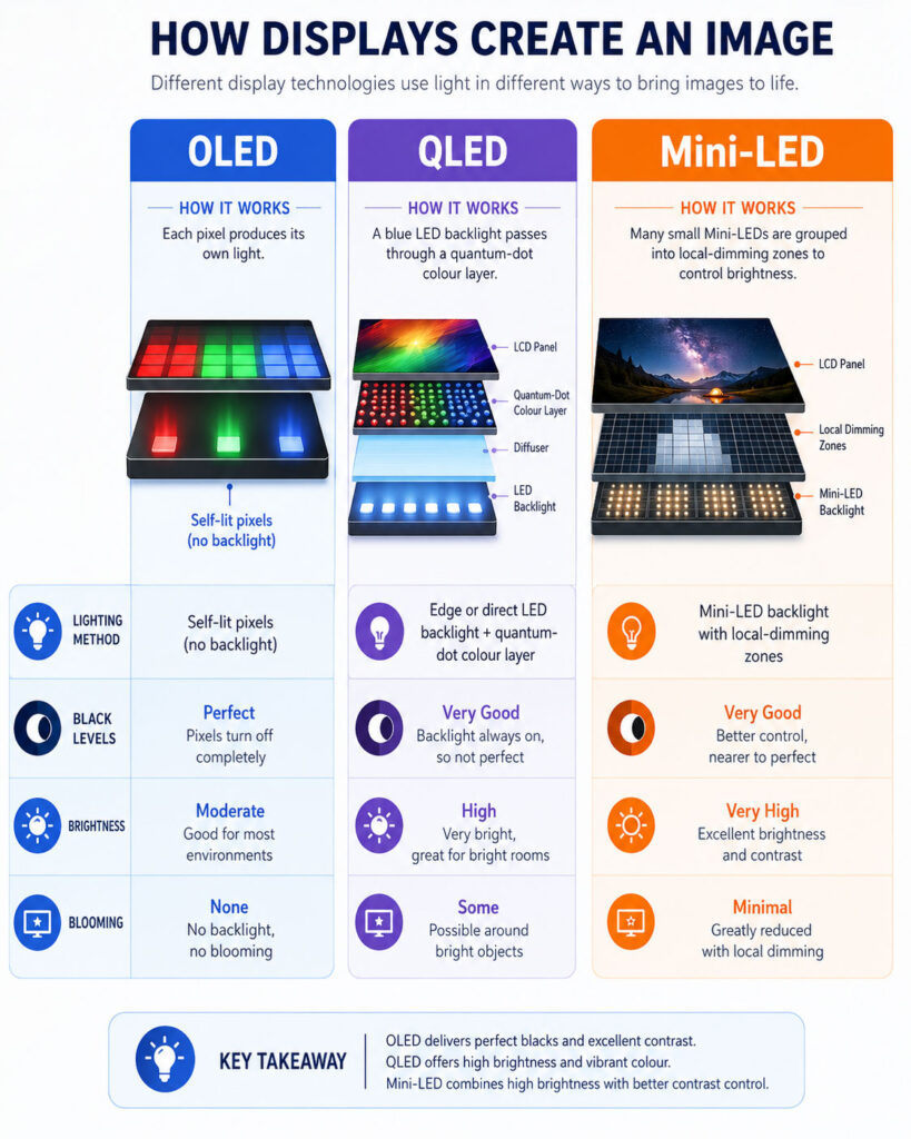 Comparison of how OLED, QLED, and Mini-LED television displays produce light