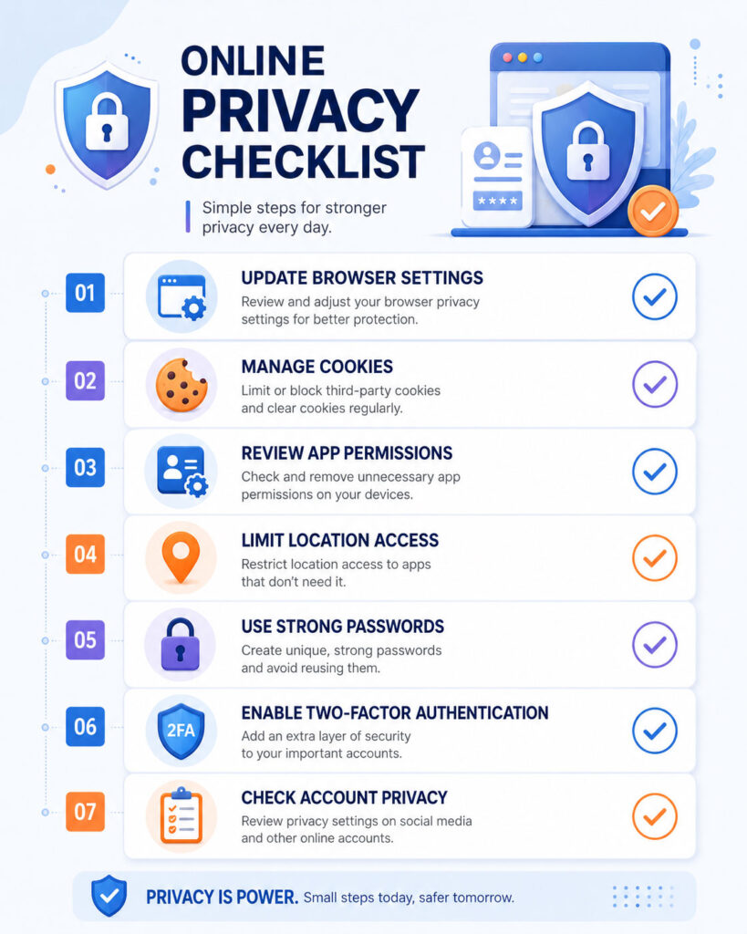 Online privacy checklist showing browser settings cookies app permissions location and account security