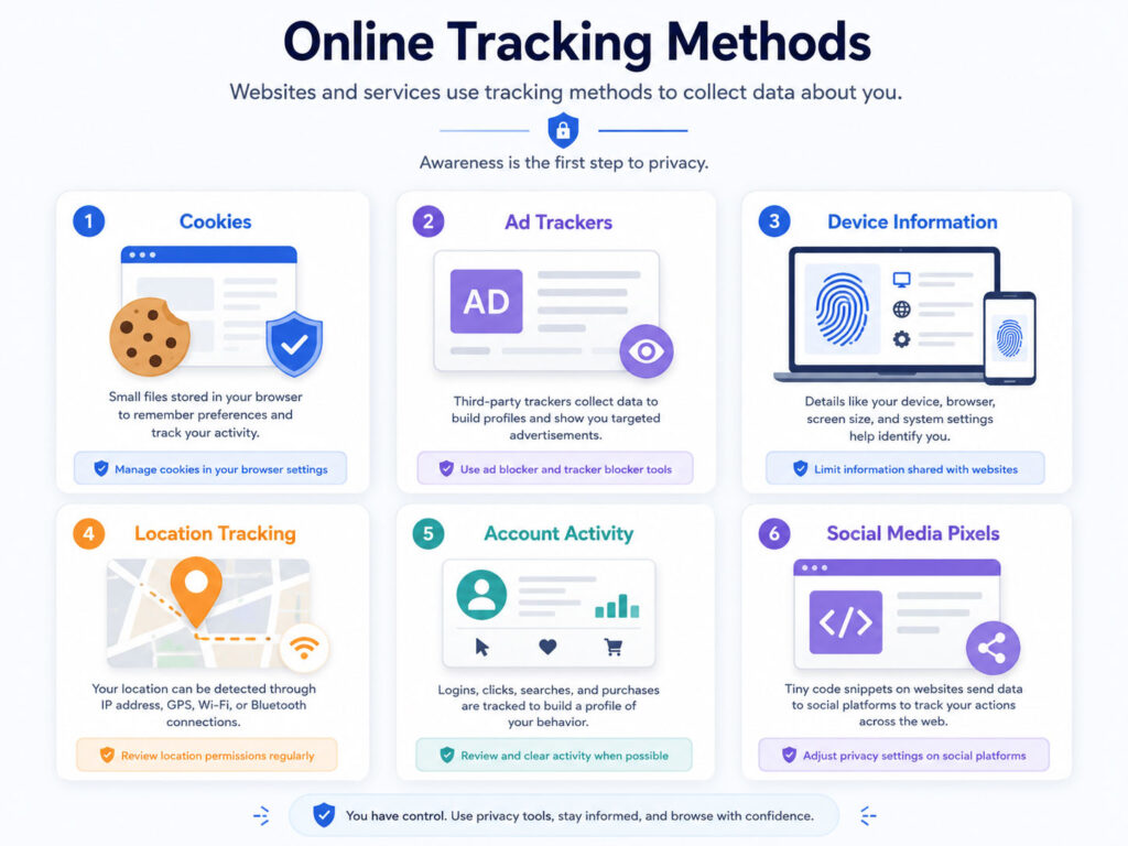 Online tracking methods showing cookies ad trackers device information location and account activity