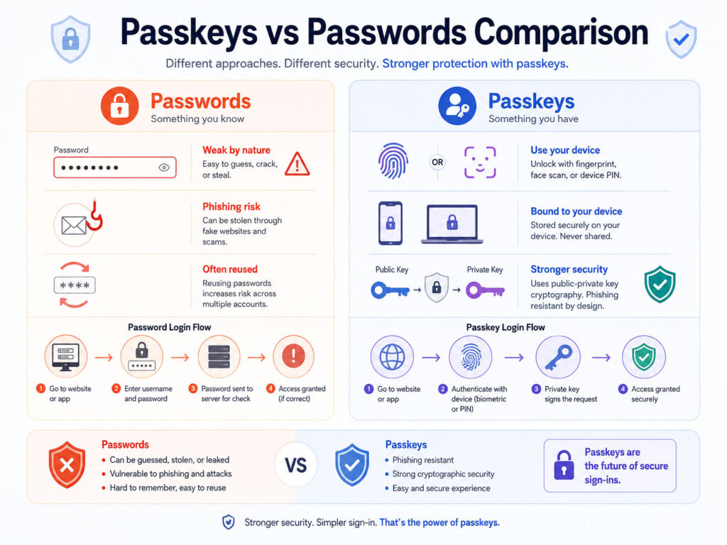 Passkeys vs Passwords comparison showing password login and secure passkey authentication