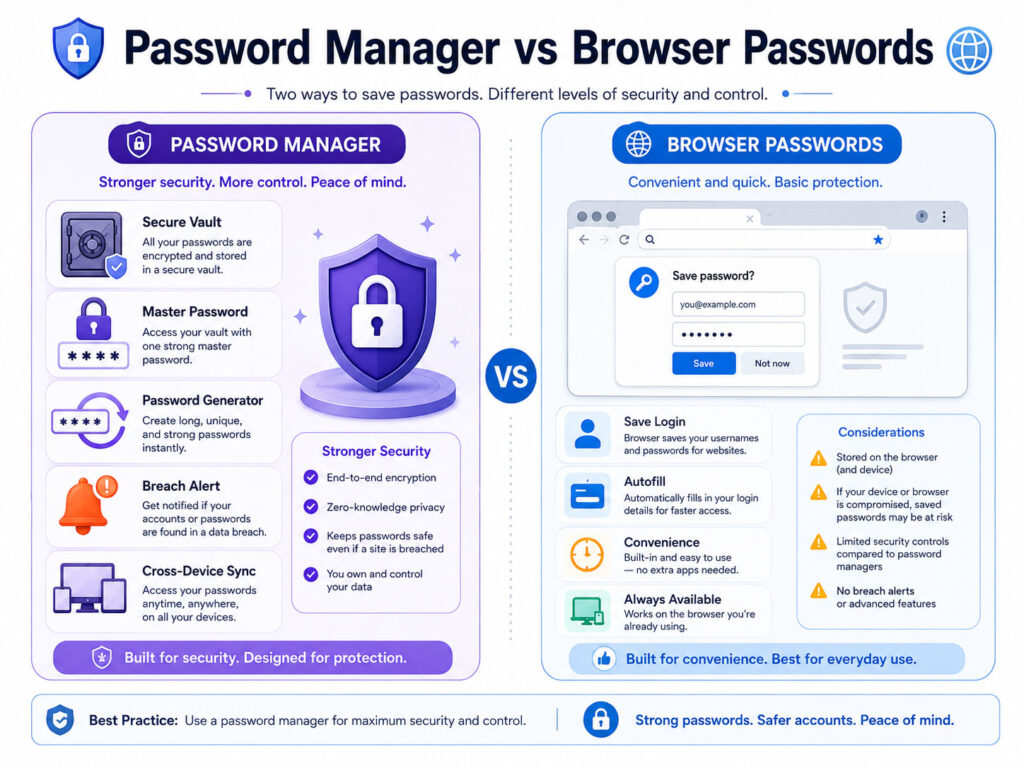 Password Manager vs Browser Passwords comparison showing secure vault browser storage and password protection