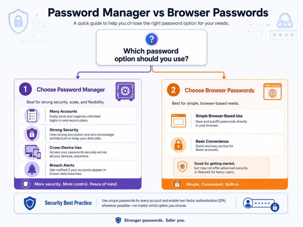 Password safety decision guide showing when to use password manager or browser passwords