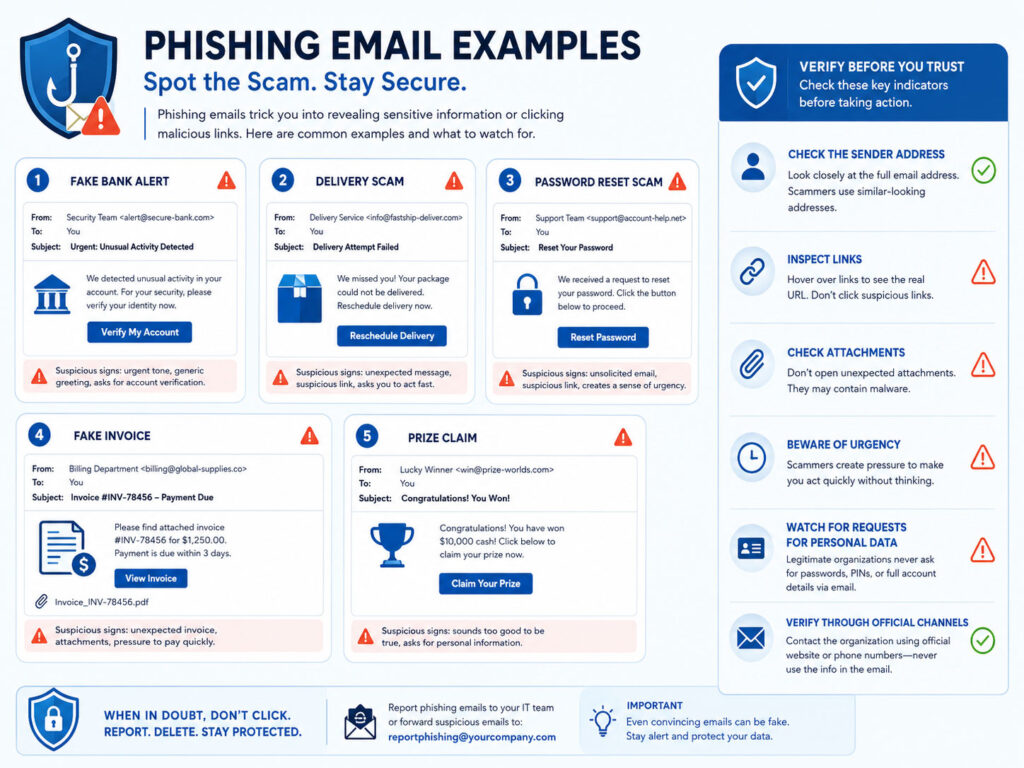Phishing email examples checklist showing fake bank alert delivery scam password reset and invoice fraud