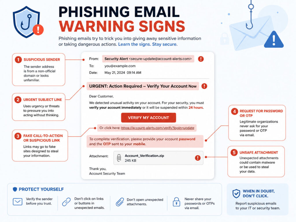 Phishing email warning signs showing suspicious sender fake link urgent message and unsafe attachment