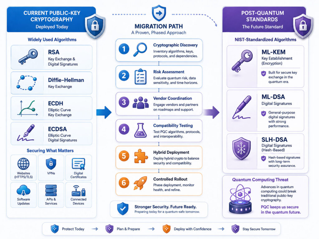 Post-quantum cryptography migration from RSA and elliptic-curve algorithms to quantum-resistant standards