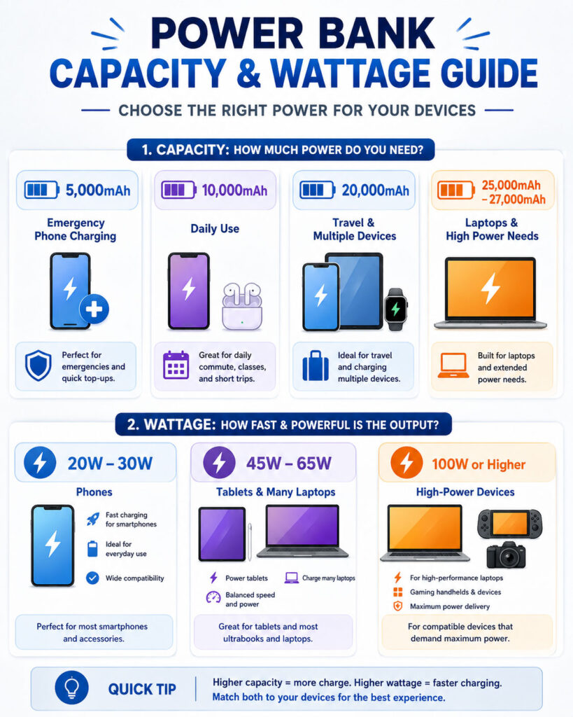 Power bank capacity and wattage guide for phones, tablets, and laptops