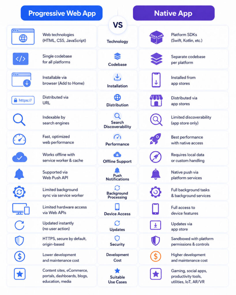 Progressive Web App vs native app comparison showing technology installation distribution performance offline support device access and maintenance
