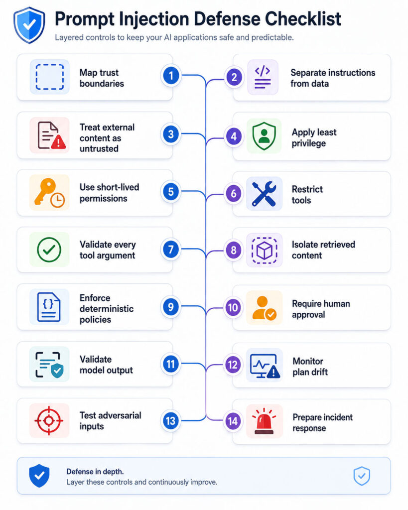 Prompt-injection defense checklist showing trust boundaries least privilege content isolation tool validation human approval monitoring and incident response