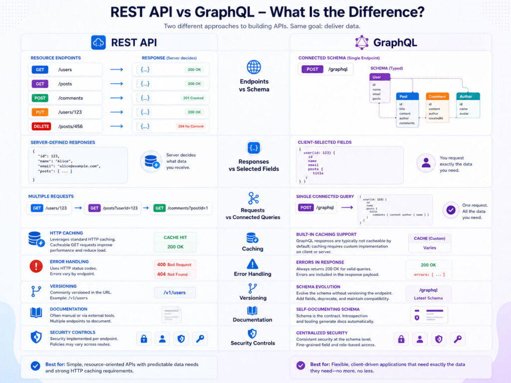REST API vs GraphQL comparison showing endpoints response shape data fetching caching errors schemas and security