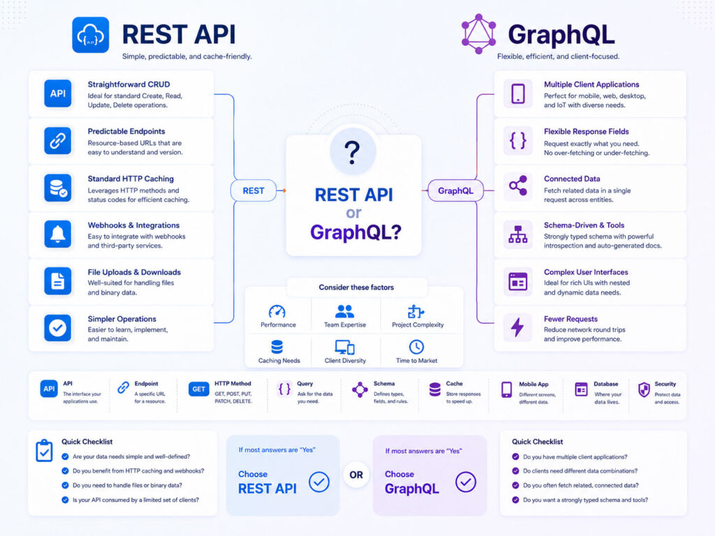 REST or GraphQL decision guide showing REST for simple resources and GraphQL for flexible connected data
